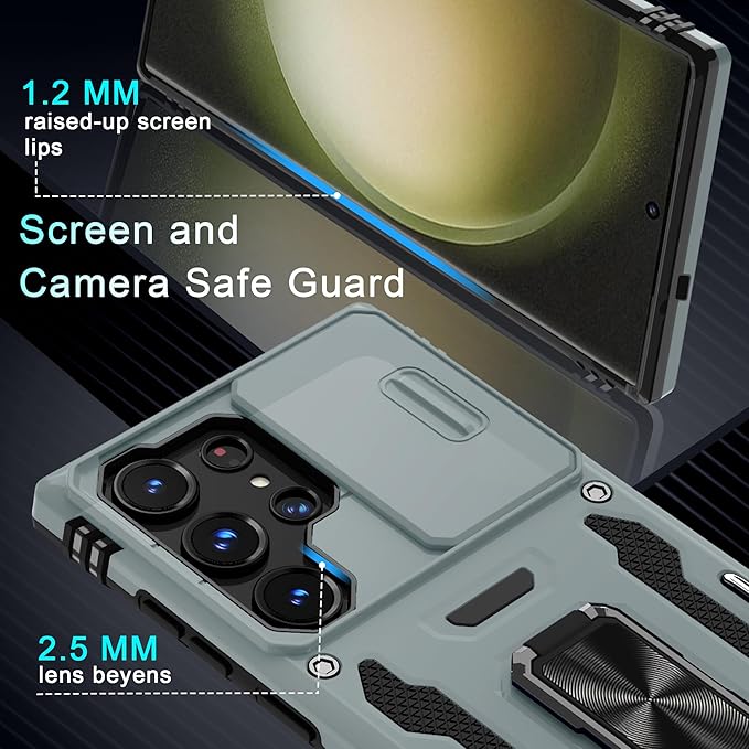 DEERLAMN Case for Samsung Galaxy S25 Ultra with Slide Camera Cover+Screen Protector (1 Pack), Rotated Ring Kickstand Military Grade Shockproof Protective Cover-Grey