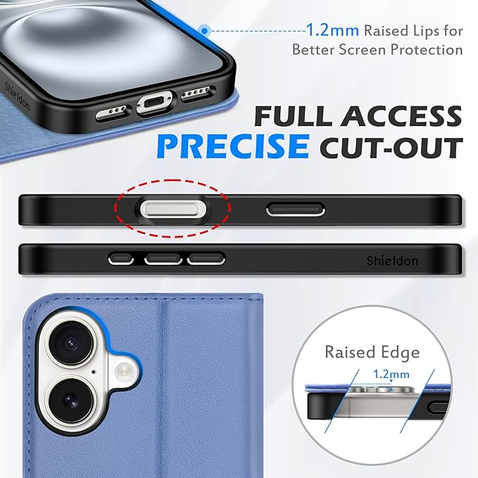 SHIELDON Wallet Case for iPhone 16 6.1", Genuine Leather Folio Magnetic Kickstand RFID Blocking Credit Card Slots Protective Phone Cover Compatible with iPhone 16 5G 2024 - Nappa Wisteria Purple