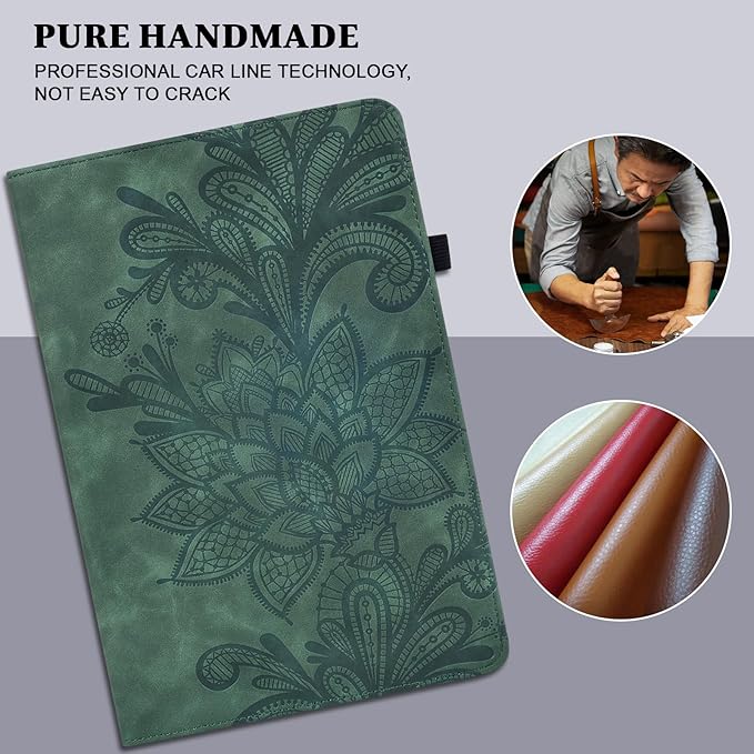 Case for Lenovo Tab M11 (TB-330FU/330XU) 11" 2024, Embossed Lace PU Leather Flip Folio Stand Cover Case with Elastic Band Card Slots Pen Holder & Multiple Viewing Angles- Green