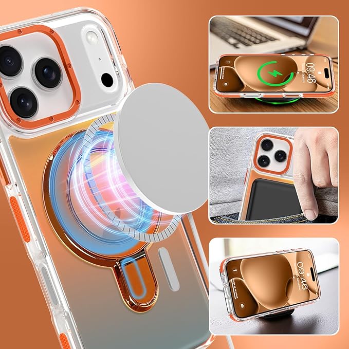 MOWIME Magnetic for iPhone 17 Pro Case with Stand [Compatible with Magsafe] [Cute Fashion Fluorescent Design] [1 Screen Protector] Slim Translucent Matte Case for iPhone 17 Pro 6.3" 2025, Orange