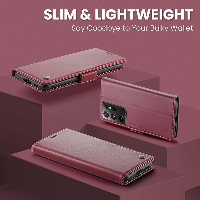 AUPAI for Samsung Galaxy S21 Ultra Wallet Case with Credit Card Holder, PU Leather RFID Blocking Folio Flip Kickstand Magnetic Clasp Protective Phone Cover for Women Men Wine Red