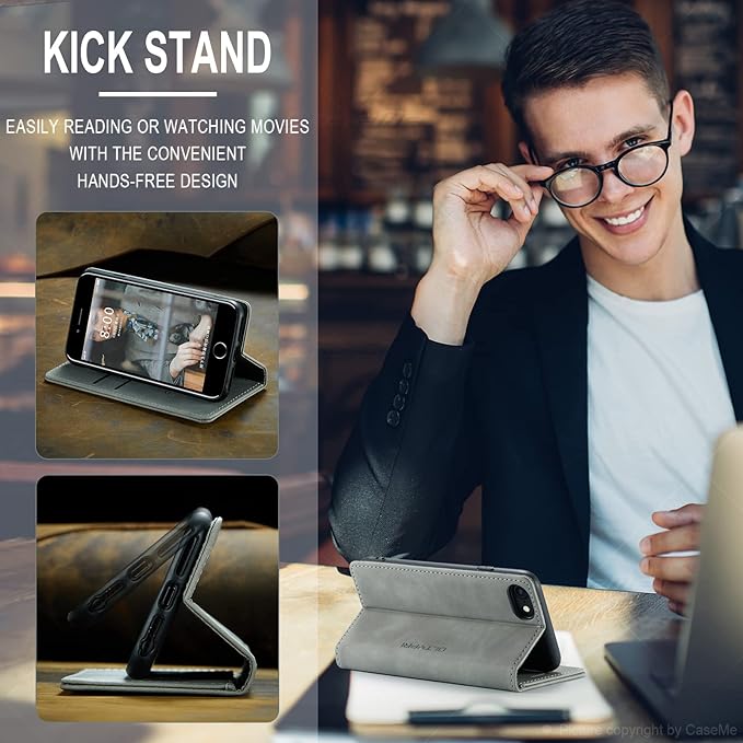 QLTYPRI Case for iPhone 16e, Vintage PU Leather Wallet Case Card Slot Kickstand Magnetic Closure Shockproof Flip Folio Cover for iPhone 16e - Grey