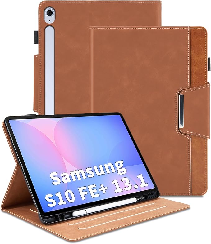 Case for Samsung Galaxy Tab S10 FE Plus 13.1 Inch 2025 Model(SM-X620/X626B) - Multi-Angle Viewing Stand Cover with Pocket and Magnetic Clasp, PU Leather Business Folio Protective Case, Brown
