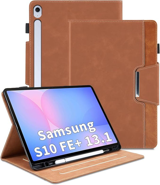 Case for Samsung Galaxy Tab S10 FE Plus 13.1 Inch 2025 Model(SM-X620/X626B) - Multi-Angle Viewing Stand Cover with Pocket and Magnetic Clasp, PU Leather Business Folio Protective Case, Brown