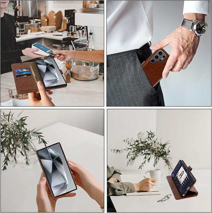 MONASAY Wallet Case Fit for Samsung Galaxy S24 Ultra 5G，[Lens & Glass Screen Protector] [RFID Blocking] Flip Folio Leather Cell Phone Cover with Credit Card Holder, 6.8 inch, Brown