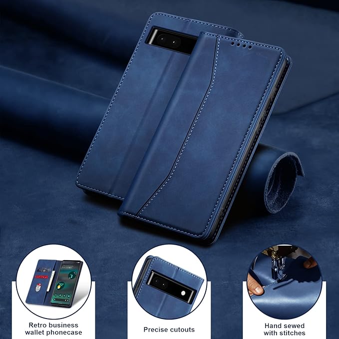 Jasonyu Flip Wallet Case for Google Pixel 6A 5G,Leather Magnetic Folio Cover with Card Holder,Kickstand - TPU Shockproof Durable Protective Phone Case,Blue