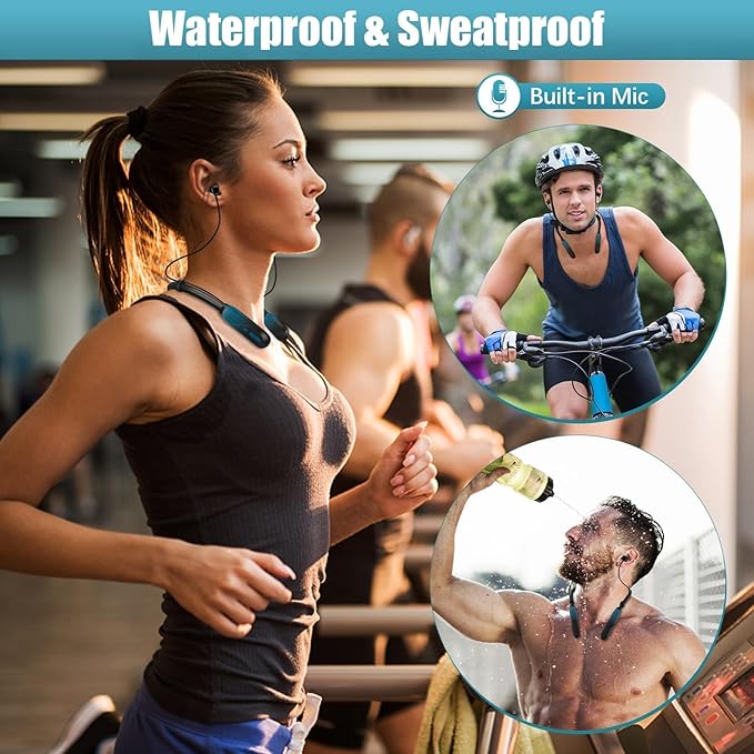 Neckband Bluetooth Headphones, 200H Extra Long Playtime Wireless Stereo Neckband Earbuds with Microphone, Waterproof Balanced Armature Drivers in Ear Headset for Sports/Workout (Cyan Green)