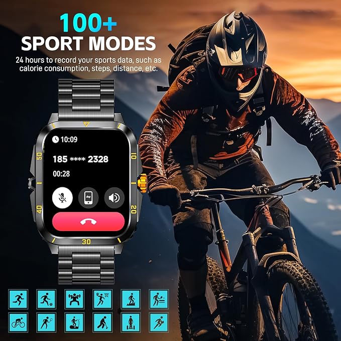 Military Smart Watches for Men (Make/Answer Call) 1.96" Screen Outdoor Activity Tracker with 100+ Sport Modes Health Monitor 3ATM Waterproof Smartwatch