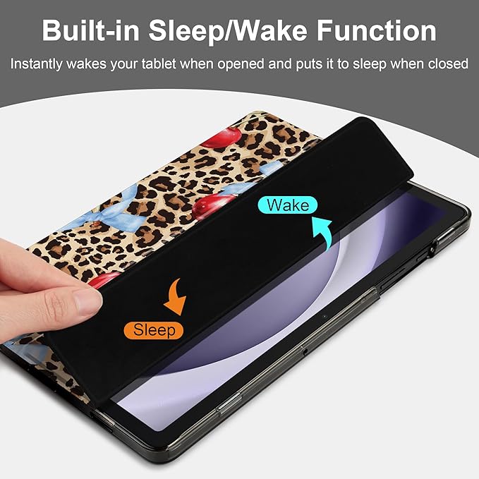 DONGKE Case for Samsung Galaxy Tab A9+/A9 Plus 11 inch 2024 2023 (SM-X210/X216/X218), Slim Stand Hard PC Translucent Back Shell Smart Cover, Auto Wake/Sleep - Leopard Cherries