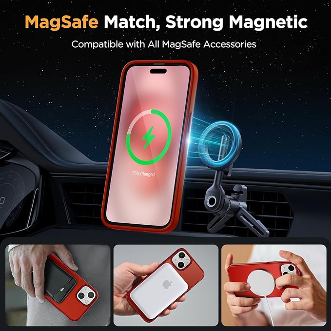 Miracase Magnetic for iPhone 15 Case (Compatible with MagSafe)（with 2X Screen Protectors） Military-Grade Protection, Anti-Fingerprint Translucent Matte Phone Cover for iPhone 15 6.1 inch, Red