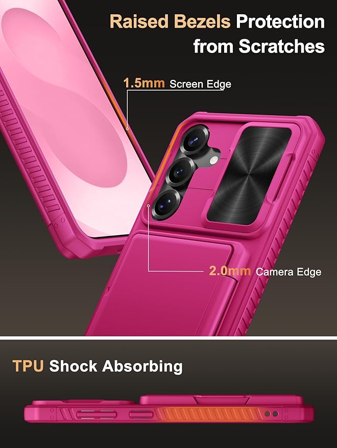 Vihibii for Samsung Galaxy S25+ Plus Wallet Case with Card Holder (4 Cards), [RFID Blocking] & Slide Camera Cover & Raised Edges Protect Screen, Heavy Duty Phone Case for Galaxy S25+ Plus, Hot Pink