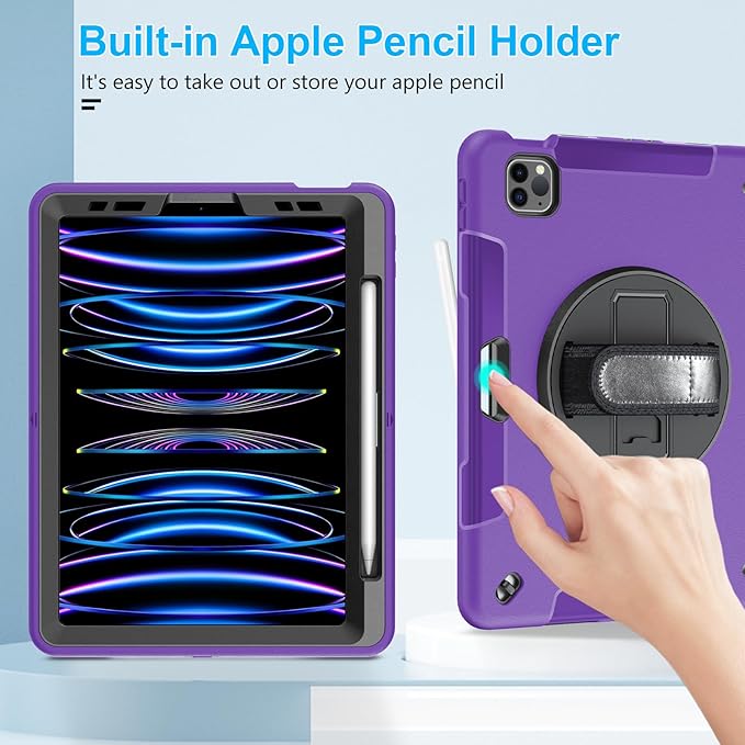 Case for iPad Pro 11 Inch 2022/2021/ 2020/2018: Cover for iPad 11 Inch 4th/ 3rd/ 2nd/ 1st Generation with Screen Protector- Stand- Handle- Shoulder Strap- Pencil Holder Purple