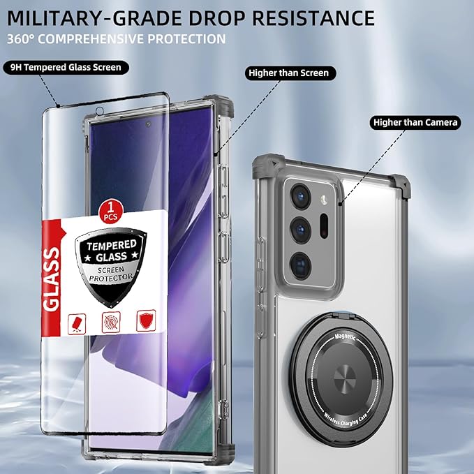 Magnetic for Samsung Galaxy Note 20 Ultra Case Compatible with MagSafe Wireless Charging,with Screen Protector,Phone Case Built-in 360°Kickstand Shockproof Military Grade Drop Protection Black