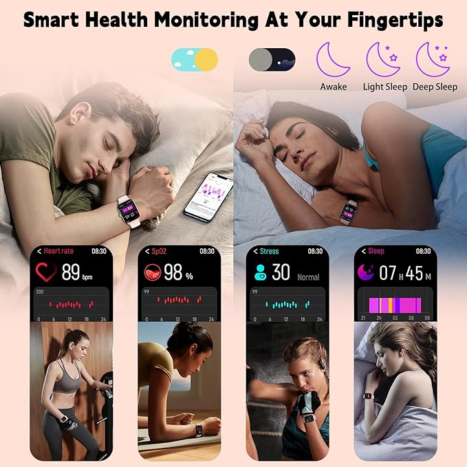 Smart Watch for Women Men(Answer/Make Call), Smartwatches with Heart Rate/SpO2/Sleep/Stress Monitor, IP68 Waterproof Activity Tracker for Android iPhone, 100+ Sports Fitness Watches (Pink, 2.01“)