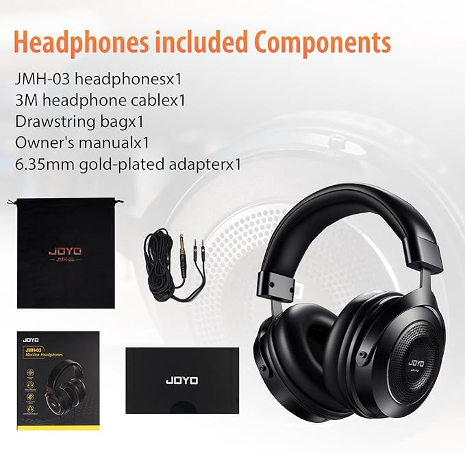 JOYO Studio Monitor Headphones Wired Professional Semi-Open Headphone for Guitar Piano Podcast Recording,Mixing,Live Streaming 3 Meter Cable (JMH-03)