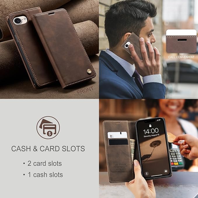 QLTYPRI Case for iPhone 16e, Vintage PU Leather Wallet Case Card Slot Kickstand Magnetic Closure Shockproof Flip Folio Cover for iPhone 16e - Coffee Brown