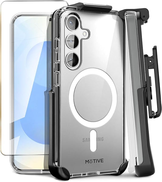 MOTIVE Compatible with s25 Case with Belt Clip, [Military Grade Drop Protection] with Screen Protector, s25 Holster Case 6.2” | Clear [Fits s24 Phone]