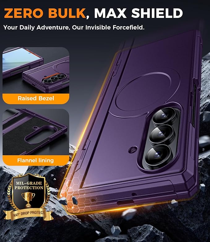 for Samsung Galaxy Z-Fold-7 Case: Magnetic Shockproof Rugged [Dual-Stand] [Hinge Protection] [Fit for Magsafe] [Anti Spy] Full-Body Silicone Women Men Cover for ZFold 7 5G 2025 (Purple)