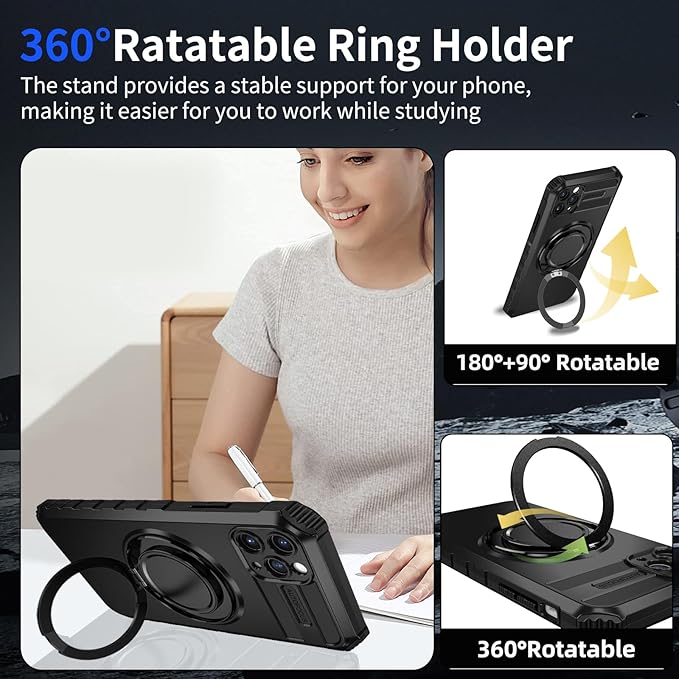 for iPhone 12 Pro Case Compatible with MagSafe Magnetic,with 2 Screen Protectors,Built-in 360° Kickstand Ring,Military Grade Drop Shockproof Heavy Duty Protection for 12 Pro Phone Case Black