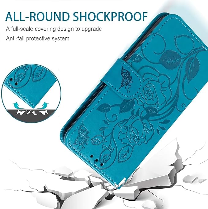 Case for iPhone 13 Case, iPhone 14 Wallet Case with Tempered Glass Screen Protector, Flower Leather Flip Credit Card Holder Stand Phone Cover Cases for iPhone 14 Blue