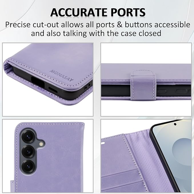 MONASAY Wallet Case Fit for Samsung Galaxy S25 5G, [Lens & Glass Screen Protector Included] [RFID Blocking] Flip Folio Leather Cell Phone Cover with Credit Card Holder, 6.2 inch, Lavenders