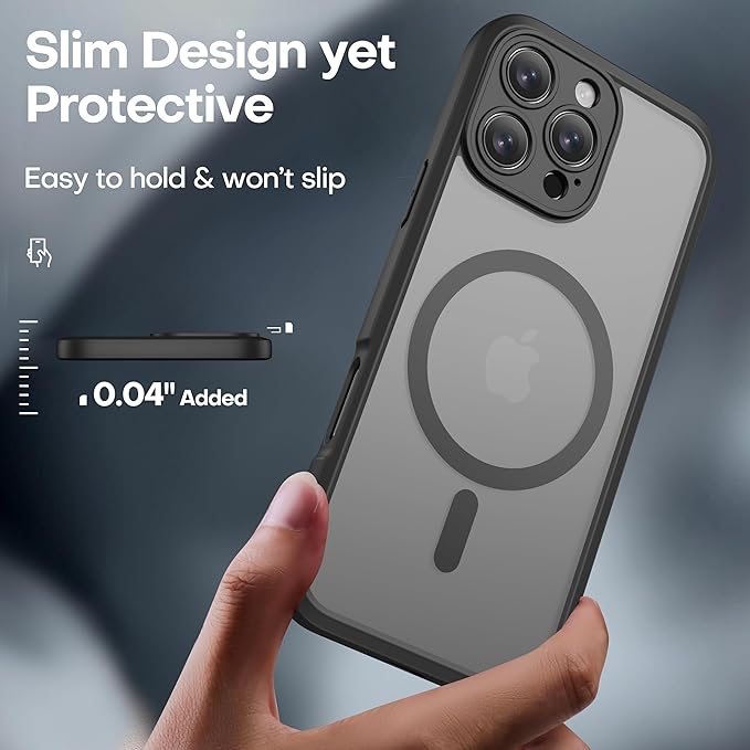 ImpactStrong Magnetic Guard Designed for iPhone 16 Pro Max Case [Camera Protection] [Military Grade Drop Tested] [Compatible with MagSafe] Slim Translucent Matte Phone Case (6.7") - Black