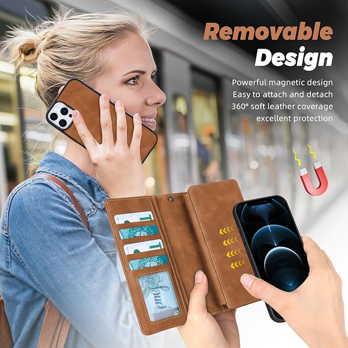 TwoHead for iPhone 12 Pro Max Wallet Case with Card Holder,Detachable Magnetic 12 Pro Max Phone Case, PU Leather Shockproof Protective Cover Wallet for Women/Men,6.7IN,Brown