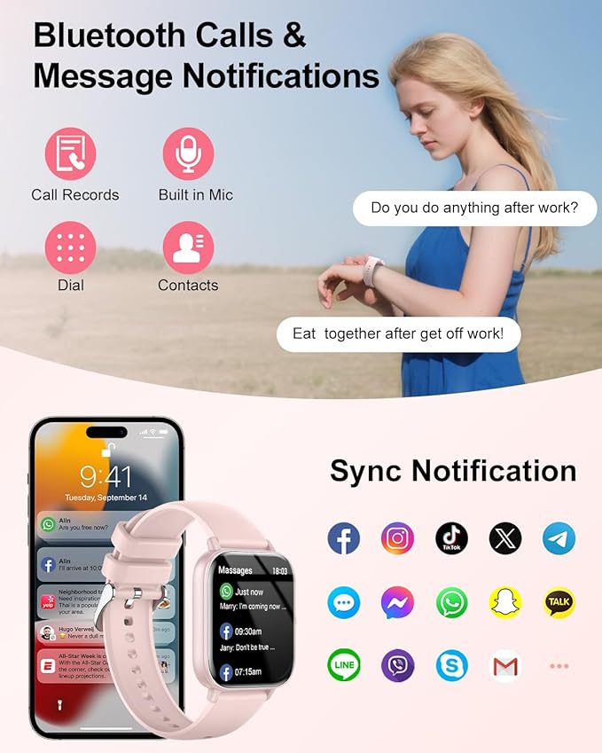 Smart Watch for Women with Bluetooth Call Answer/Dail,1.85" DIY Dial Fitness Watch with Heart Rate Sleep Monitor Step Counter 120+ Sports Modes Waterproof Women's Smart Watch for Android iOS (Pink)