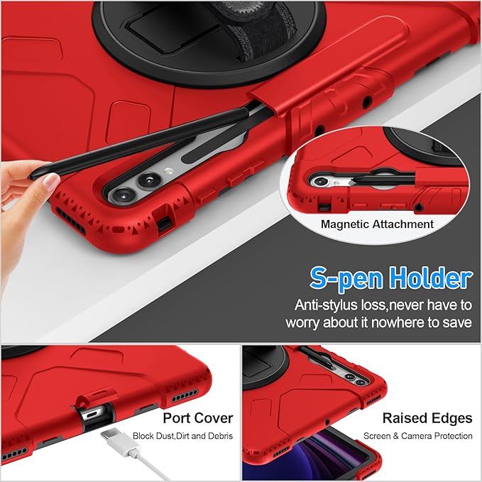 SUPFIVES Case for Samsung Galaxy Tab S10 Plus 12.4 Inch 2024: Tab S9 Plus 12.4 Case with Screen Protecor/S-Pen Holder/Handle/Rotating Kickstand/Shoulder Strap- Red
