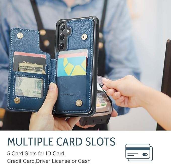 Vinich for Samsung Galaxy S24 FE Wallet Case with Card Holder, RFID Blocking Credit Slots Kickstand Shockproof Phone Cover for Women Men, Blue