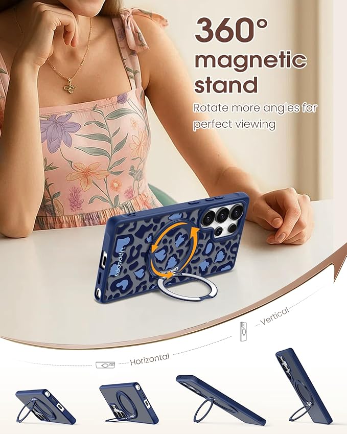 for Samsung Galaxy S25 Ultra Case with 360° Rotatable Magnetic Ring - Compatible with MagSafe, Semi-Transparent Soft-Touch Material Shockproof, Cute Blue Cheetah Print Design for Women Girl