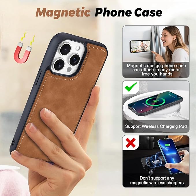TwoHead Wallet Case Compatible with iPhone 15 Pro Max,Detachable Magnetic Phone Case,All-Round Shockproof Protective Leather Phone Case with Card Holder,6.7 in,Brown