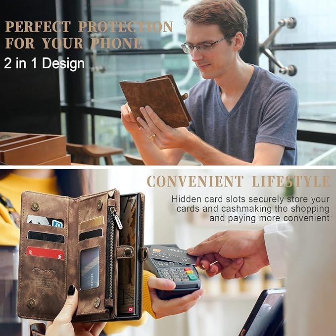 SZHAIYU 2 in 1 Detachable for Samsung Galaxy S23 Ultra Wallet Case with Card Holder, Retro Premium Flip Leather Cover Magnetic Zipper Pocket Phone Cases 6.8'' (Coffee,S23 Ultra)