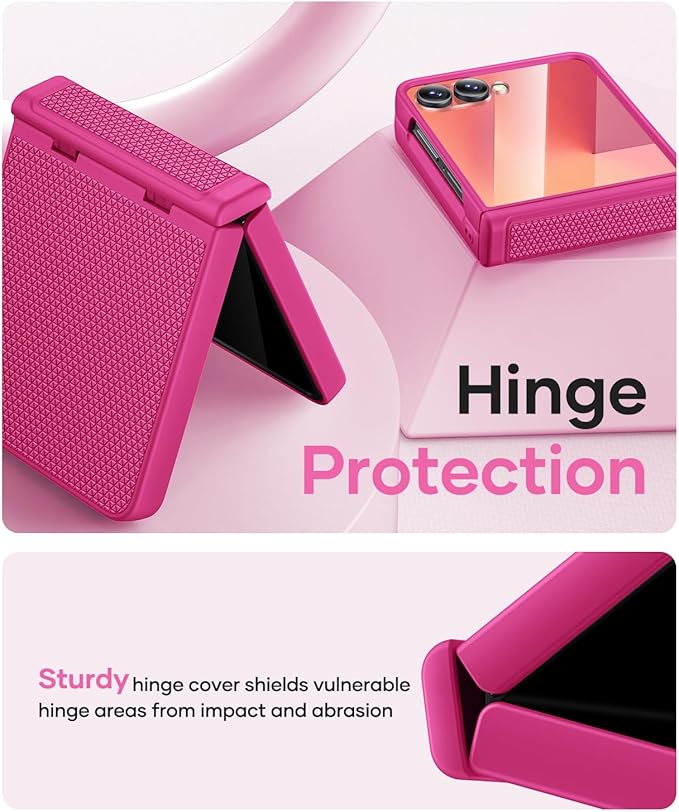 Vihibii for Samsung Galaxy Z Flip 7 Case Slim with Hinge Protection & Outer Screen Protector & Non-Slip Texture, Compatible with Wireless Charging, Shockproof Case for Galaxy Z Flip 7 2025, Hot Pink