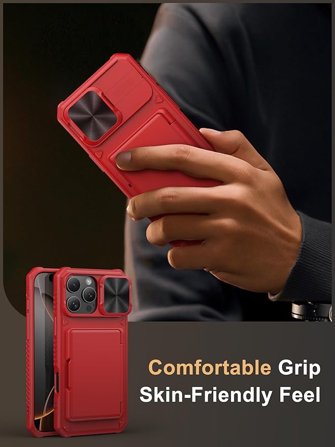 Vihibii for iPhone 16 Pro Max Wallet Case with Card Holder (4 Cards) [RFID Blocking] & Slide Lens Cover & Raised Edges Protect Screen, Shockproof Rugged Phone Cover for iPhone 16 Pro Max, Red