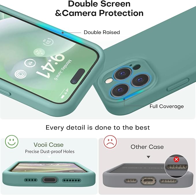 Vooii Compatible with iPhone 15 Pro Case, Upgrade Defender Liquid Silicone, [Camera Protection] [Soft Anti-Scratch Microfiber Lining] Shockproof Phone Case for iPhone 15 Pro 6.1 inch - Pine Green