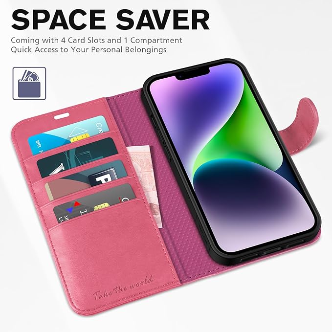 TUCCH Wallet Case for iPhone 14 6.1", Flip PU Leather Magnetic Protective Cover with [RFID Blocking] [4 Card Slots] Stand [TPU Interior Case] Compatible with iPhone 14 6.1, Hot Pink