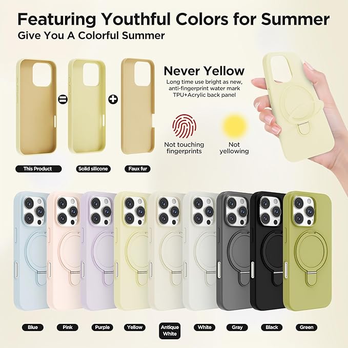 Magnetic Stand for iPhone16 Pro Case with Kickstand 【Lab-Certified Protection】【Not Yellowing】【Anti-Fingerprint】 Durable, Enhanced Grip, Slim，Yellow，iPhone 16 Pro 6.3"
