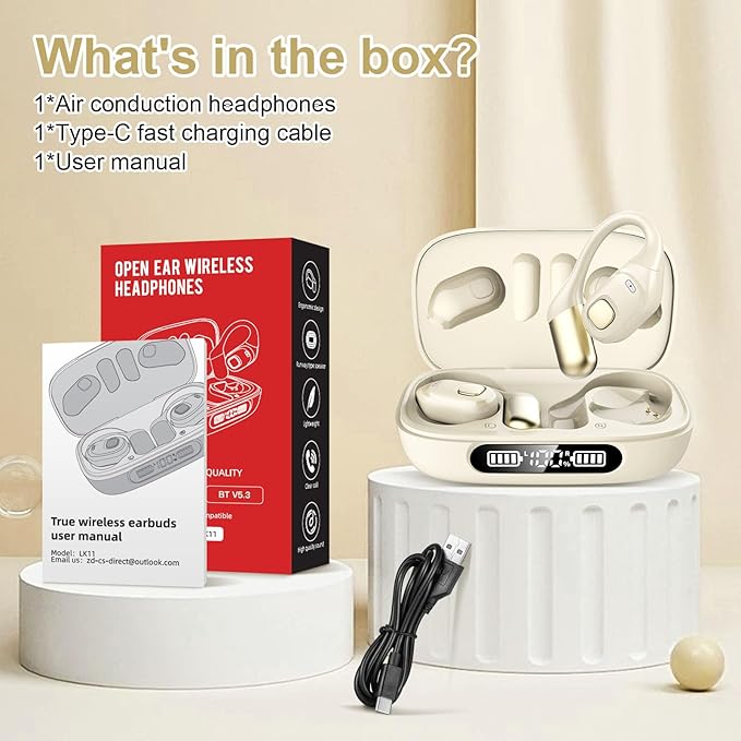 Open Ear Earbuds, Bluetooth 5.3 Wireless Air Conduction Headphones with Mic, LED Display Charging Case&Fast Charging, Ultra-Light Weight, 80H Playtime Earbuds for Work, Sports (White)