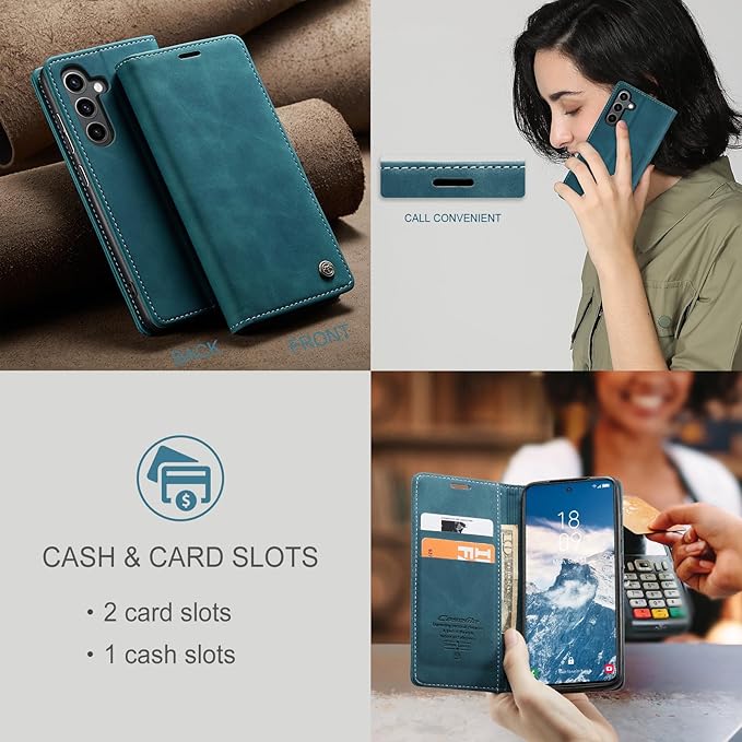 for Samsung Galaxy S24 Case, Flip Wallet Leather Case with Card Holder Magnetic Closure Shockproof Kickstand Protective Phone Cases Cover for Galaxy S24 5G 6.2 Inch,Blue-Green