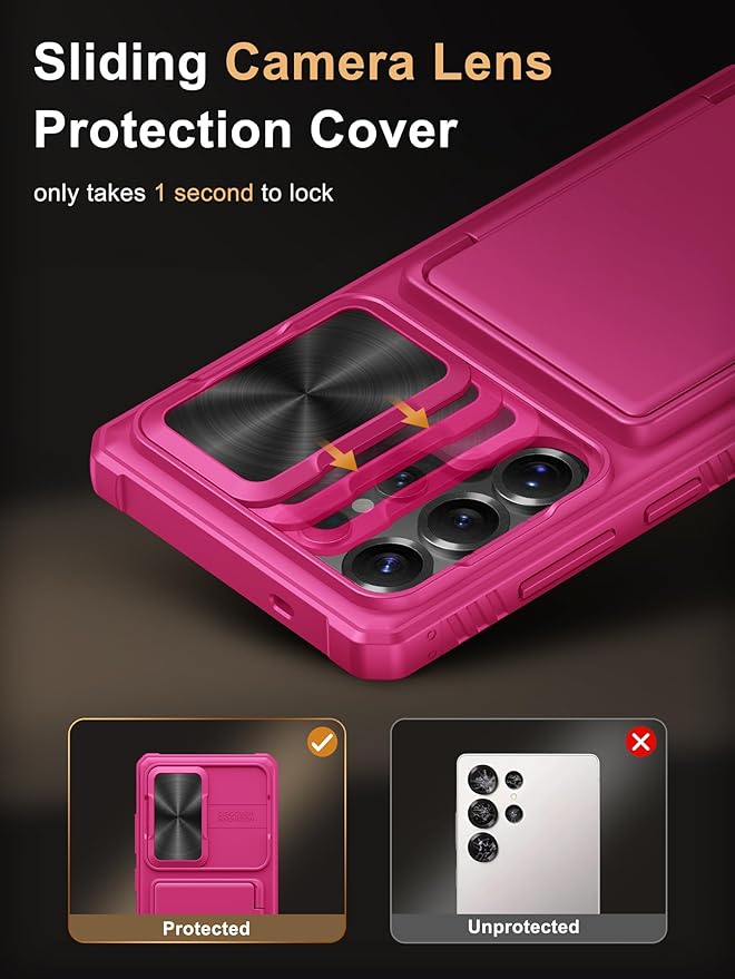 Vihibii for Samsung Galaxy S25 Ultra Wallet Case with Card Holder (4 Cards), [RFID Blocking] & Slide Camera Cover & Raise Screen Edges, Hard Back Phone Cover for Samsung Galaxy S25 Ultra, Hot Pink