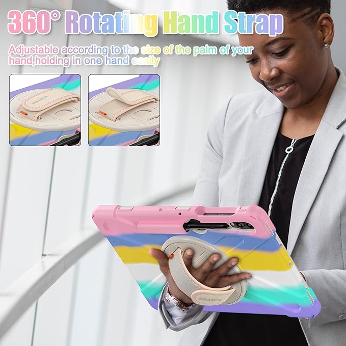 BRAECNstock Kids Case for Samsung Galaxy Tab S10+ Plus/ S9 FE+ Plus/ S9+ Plus/ S8+ Plus/ S7 FE/ S7+ Plus 5G 12.4" Shockproof Protective Cover with Pen Holder Rotating Stand&Hand Strap - Colorful Pink