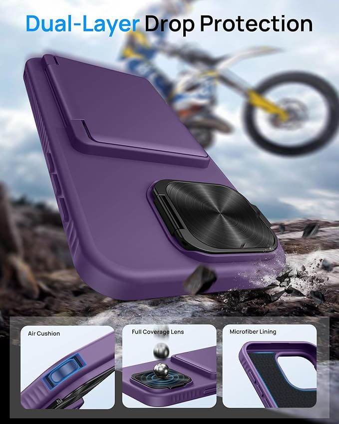 for iPhone 16 Pro Max Case with Kickstand & Card Holder & Camera Lens Cover, Military Grade Drop Protection Shockproof Rugged Stand Phone Cover Case for iPhone 16 Pro Max 6.9", Purple