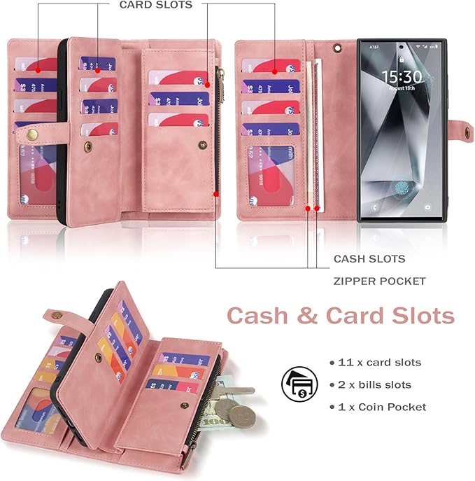 TwoHead Wallet Phone Case Compatible with Samsung Galaxy S24 Ultra | Card Holder, Detachable, Magnetic, PU Leather, All-Round Protective, Wrist Strap,Pink