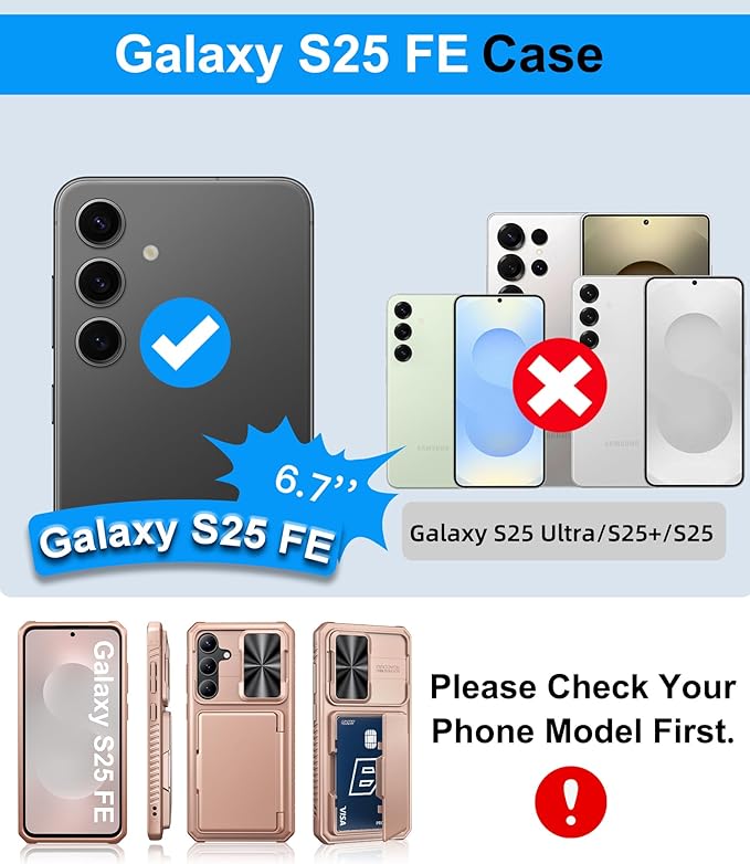 for Samsung Galaxy S25 FE Phone Case Wallet, Card Holder (4-5 Cards), Slide Camera Cover, Military Grade Protection, Rugged Hard Women Girly Men Protective Case for Galaxy S25 FE 6.7", Rose Gold
