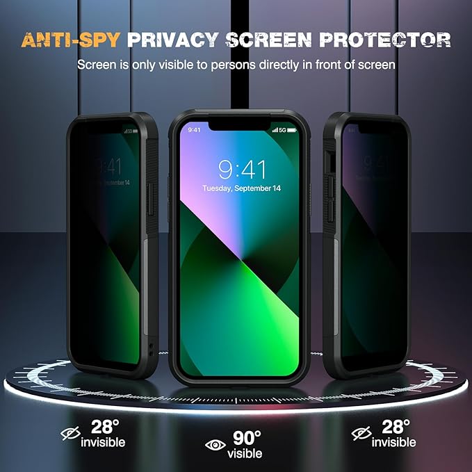 Diaclara Designed for iPhone 13 Case, [with Privacy Screen Protector] [Anti Spy] [Military Grade Drop Protection] Heavy Duty Full-Body Shockproof Phone Case, Black
