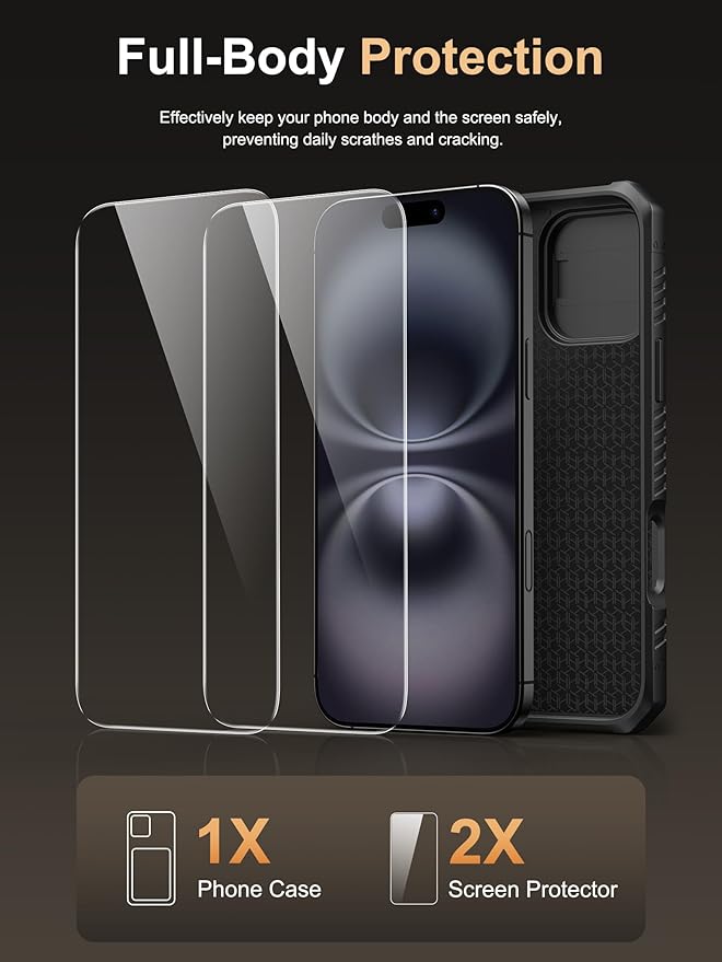 Vihibii for iPhone 16 Plus Case with [2X Screen Protector], Built-in Card Holder (4 Cards), [RFID Blocking] & Slide Camera Cover & Tempered Glass Films, Rugged Wallet Case for 16 Plus 6.7" 2024, Black