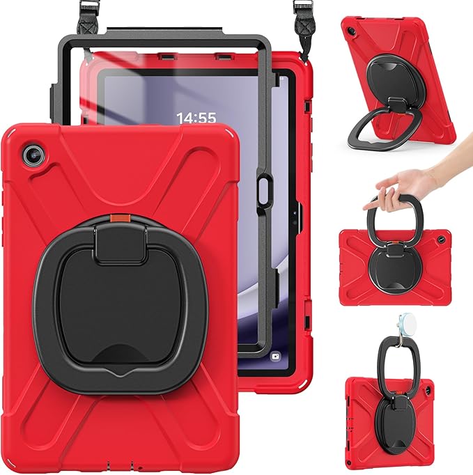 BRAECN Case for Samsung Galaxy Tab A9+/ A9 Plus 11" 2023 for Kids w/Screen Protector, Rotating Handle Grip, Shoulder Strap, Silicone Heavy Duty Case for Galaxy A9 Plus Tablet SM-X210/X216/X218, Red
