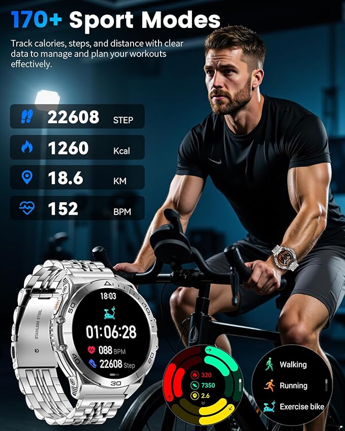 Military Smart Watch with LED Flashlight for Men, 1.6" AMOLED Bluetooth Call Watch, IP68 Waterproof Fitness Tracker with Heart Rate, SpO2, Sleep Monitor, Compatible with Android/iOS