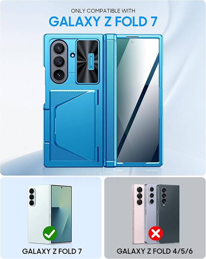 for Samsung Galaxy Z Fold 7 Case with Card Holder RFID Blocking [Privacy Screen Protector ] [Slide Lens Cover] [Hinge Protection] Shockproof Protective Phone Wallet Case for Z Fold 7 (Lake Blue)